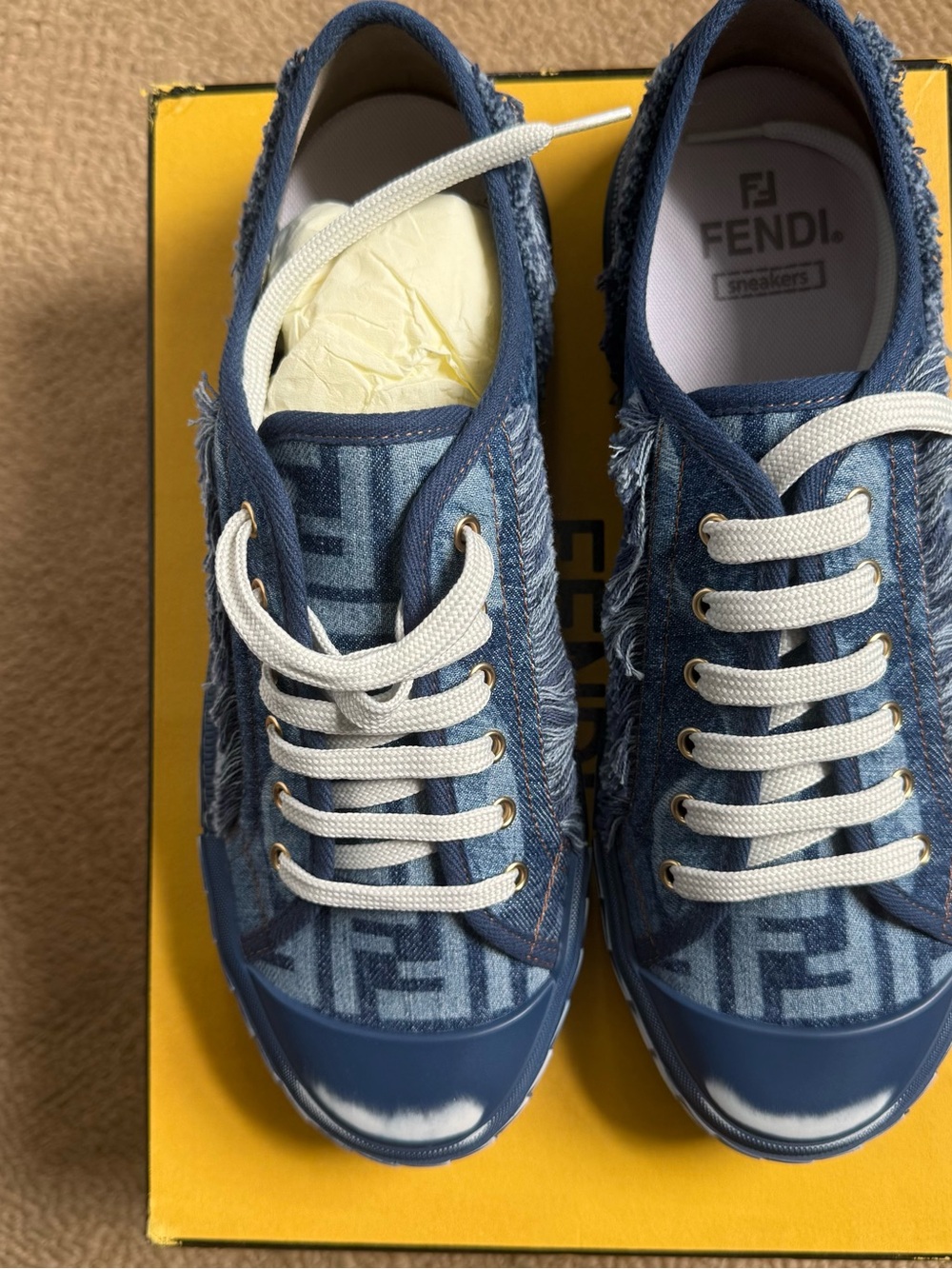Fendi Blue Denim FF Logo Sneakers with White Laces